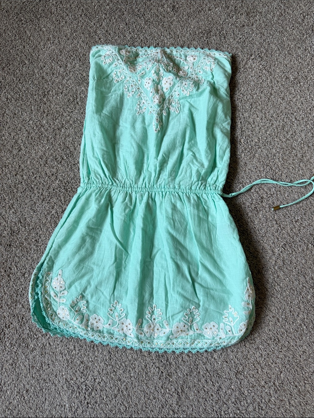 Womens/juniors Strapless One-Piece beach cover up in Mint with White Embroidery